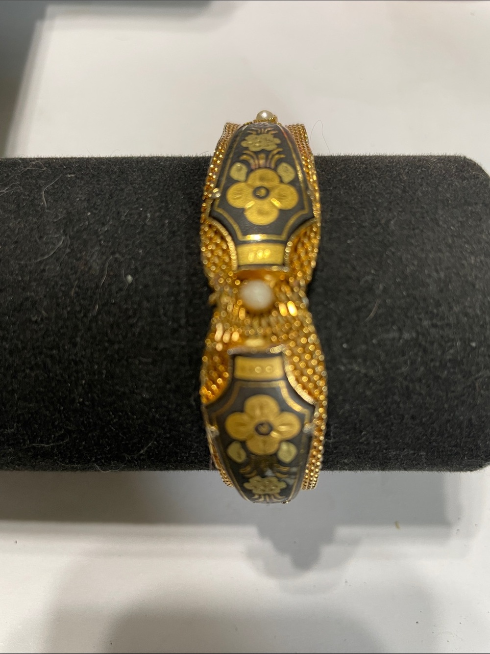 Vintage Damascene Bracelet,Gold-Tone Flowers,Black Enamel, Safety Chain eBay $50